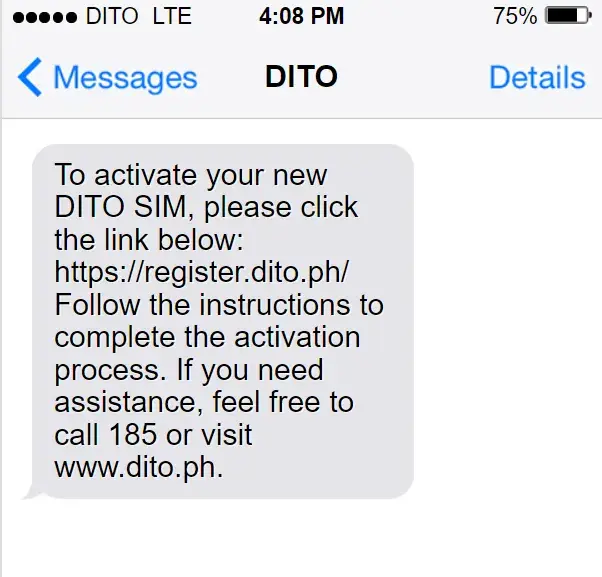 DITO SIM Registration SMS Link Method